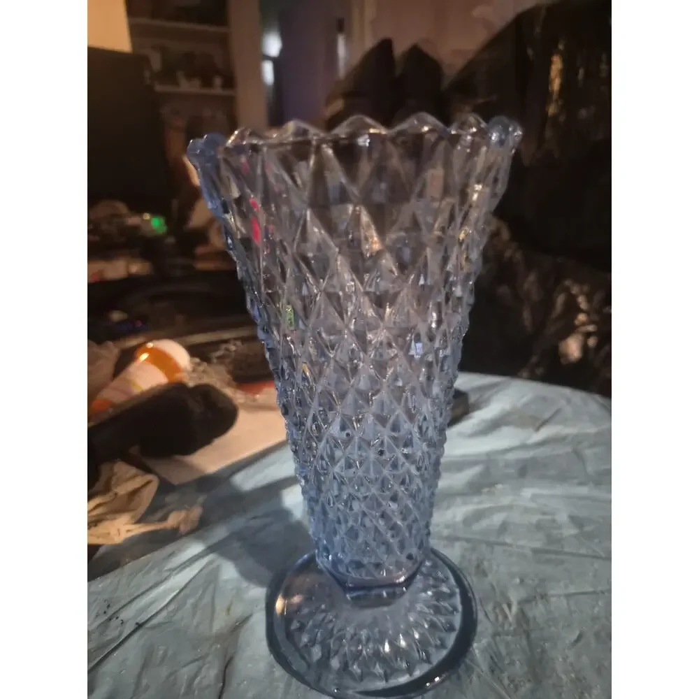 Vintage Indiana Glass Diamond Point vase In Azure blue has A Diamond...